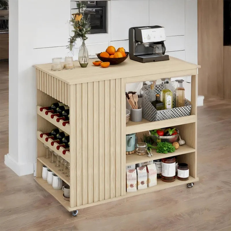 Rolling Kitchen Island with Drawer, Wine Rack and Lockable Casters