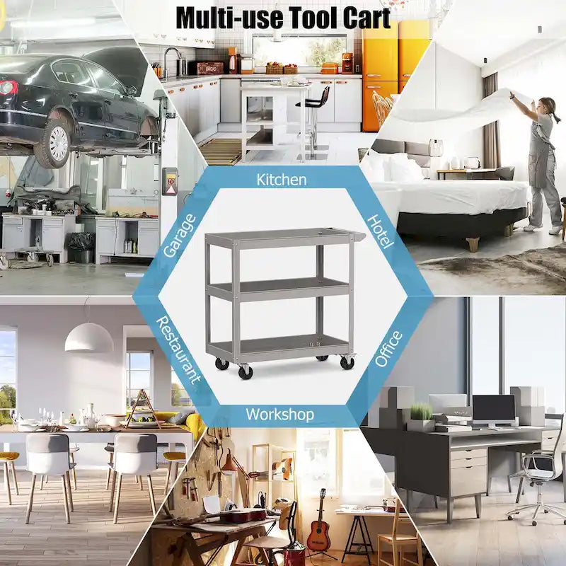 Carrito utilitario metálico de 3 niveles con capacidad de 400 LBS