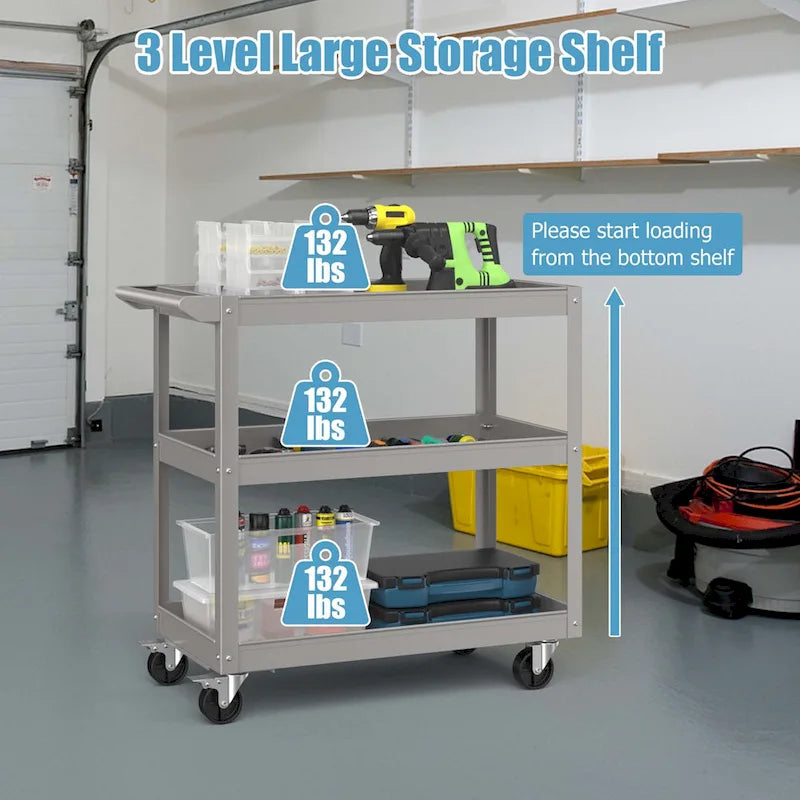 Carrito utilitario metálico de 3 niveles con capacidad de 400 LBS