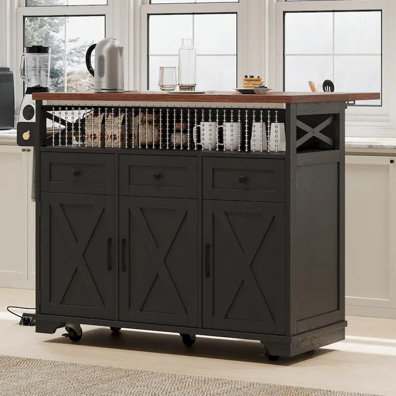 Isla de cocina estilo granja de 46.5 pulgadas con toma de corriente, ala abatible y 3 puertas