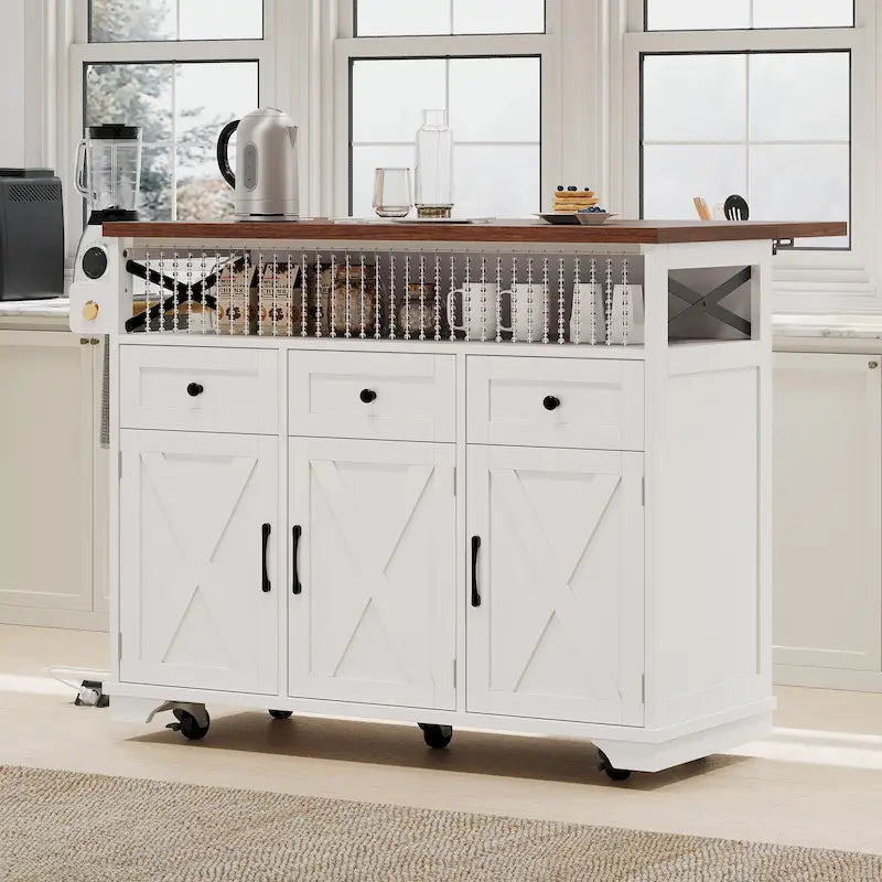 Isla de cocina estilo granja de 46.5 pulgadas con toma de corriente, ala abatible y 3 puertas