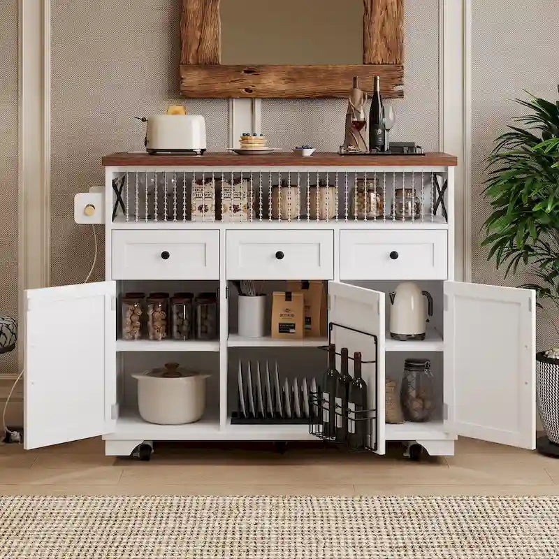 Isla de cocina estilo granja de 46.5 pulgadas con toma de corriente, ala abatible y 3 puertas