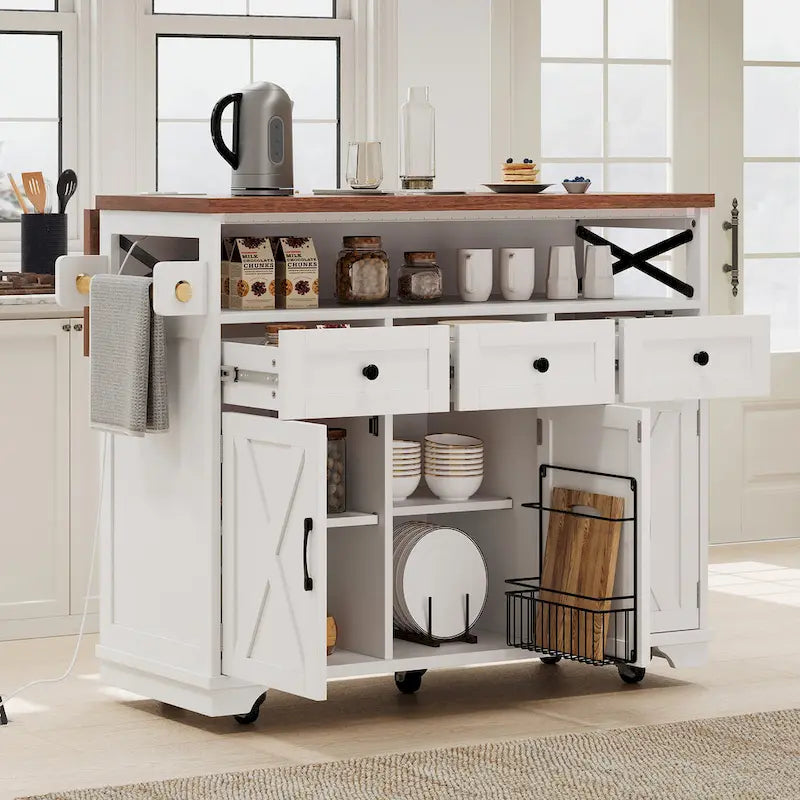 Isla de cocina estilo granja de 46.5 pulgadas con toma de corriente, ala abatible y 3 puertas