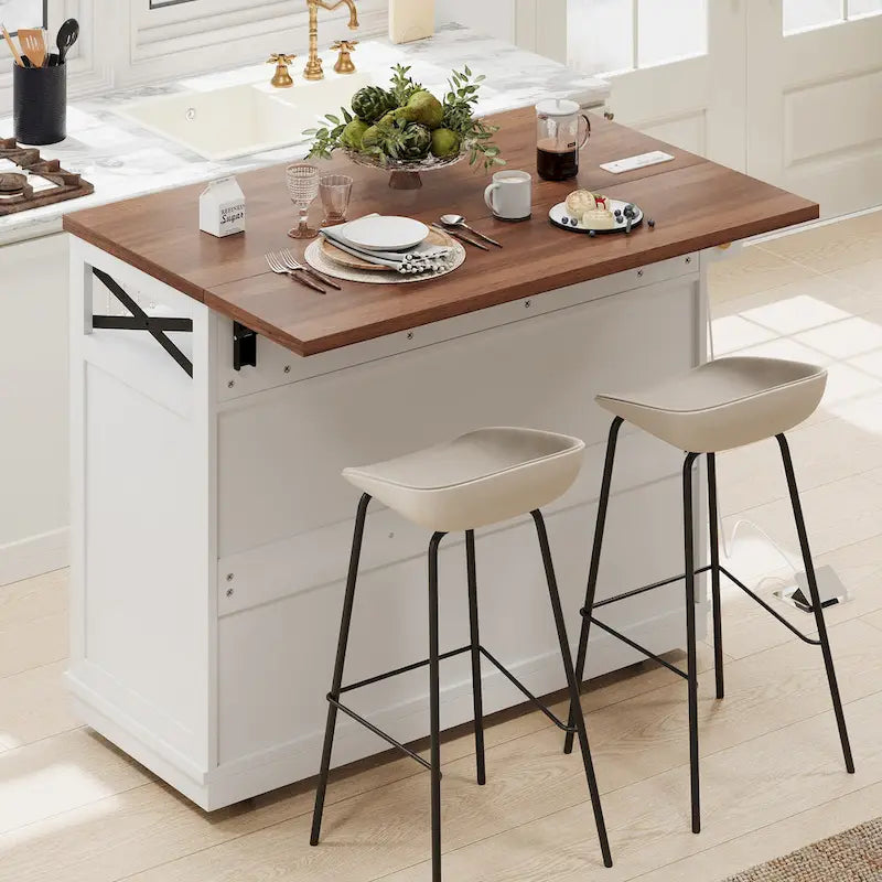 Isla de cocina estilo granja de 46.5 pulgadas con toma de corriente, ala abatible y 3 puertas