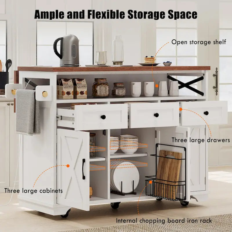 Isla de cocina estilo granja de 46.5 pulgadas con toma de corriente, ala abatible y 3 puertas