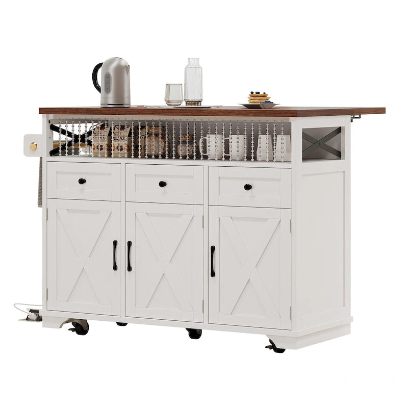 Isla de cocina estilo granja de 46.5 pulgadas con toma de corriente, ala abatible y 3 puertas