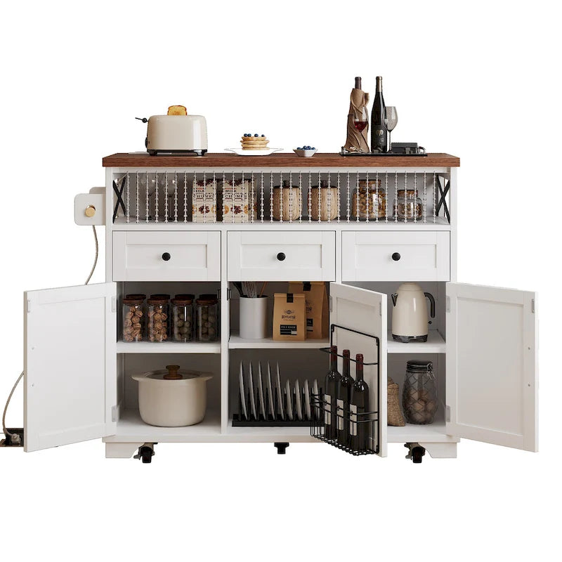 Isla de cocina estilo granja de 46.5 pulgadas con toma de corriente, ala abatible y 3 puertas