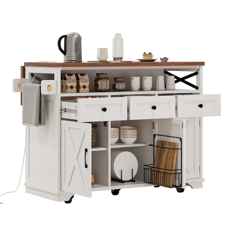 Isla de cocina estilo granja de 46.5 pulgadas con toma de corriente, ala abatible y 3 puertas