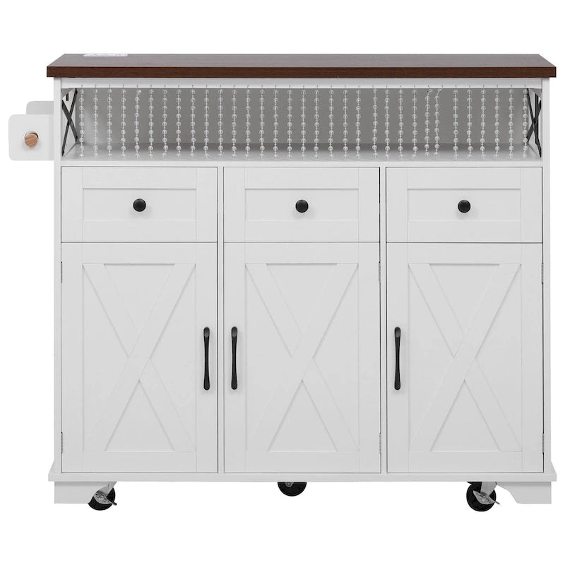Isla de cocina estilo granja de 46.5 pulgadas con toma de corriente, ala abatible y 3 puertas
