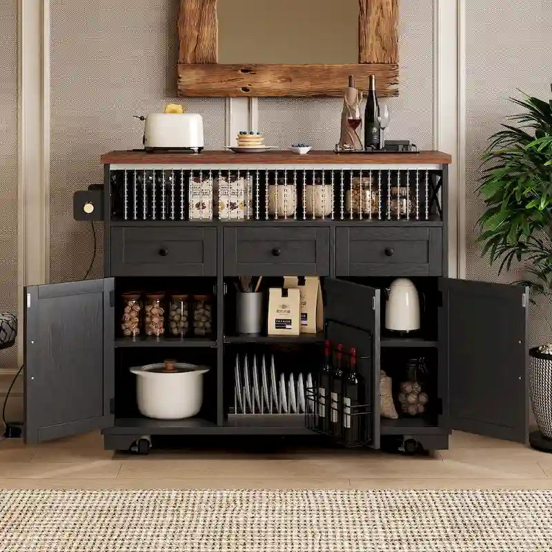 Isla de cocina estilo granja de 46.5 pulgadas con toma de corriente, ala abatible y 3 puertas