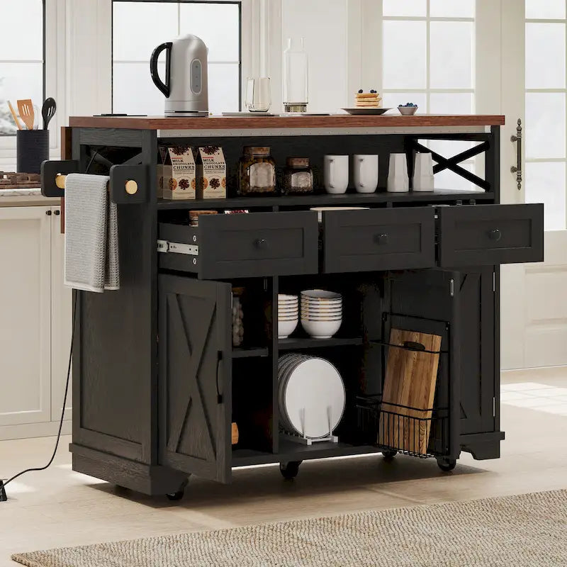 Isla de cocina estilo granja de 46.5 pulgadas con toma de corriente, ala abatible y 3 puertas