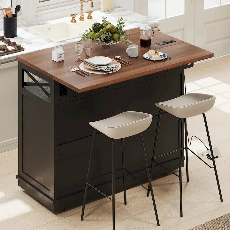 Isla de cocina estilo granja de 46.5 pulgadas con toma de corriente, ala abatible y 3 puertas