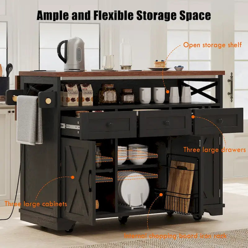 Isla de cocina estilo granja de 46.5 pulgadas con toma de corriente, ala abatible y 3 puertas