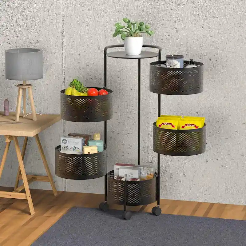 Panier de rangement rotatif à plusieurs niveaux avec roulettes pour organiser la cuisine