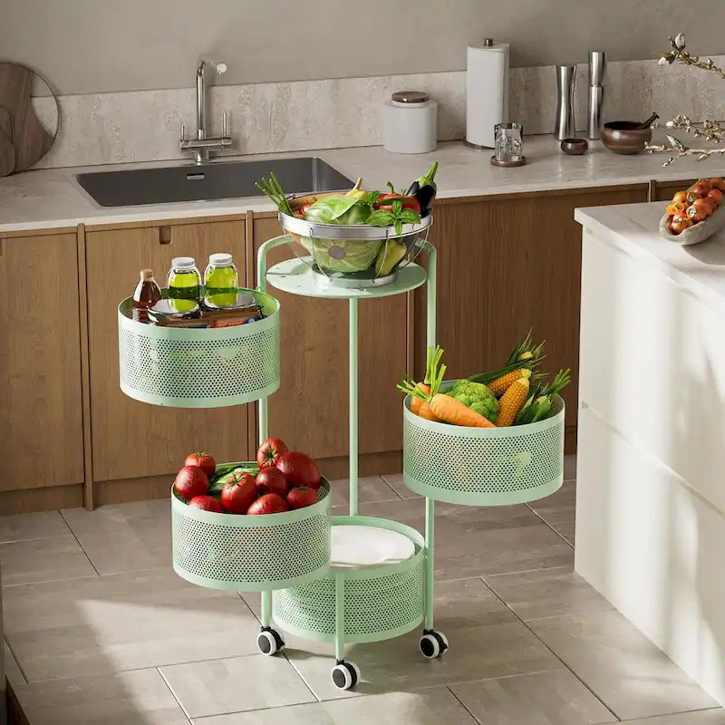 Cesta giratoria de almacenamiento de varios niveles con ruedas para organizar la cocina