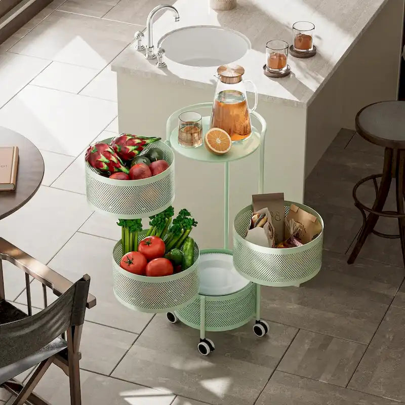 Cesta giratoria de almacenamiento de varios niveles con ruedas para organizar la cocina