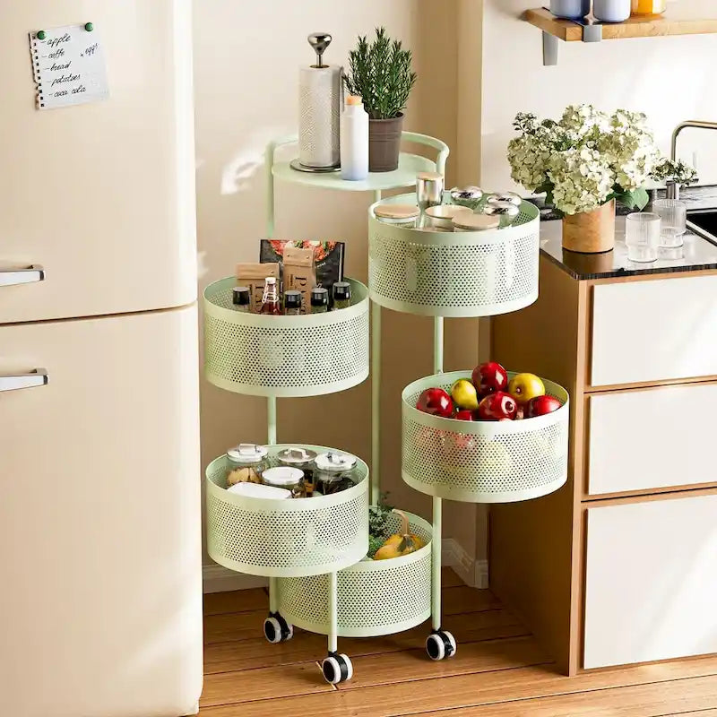 Cesta giratoria de almacenamiento de varios niveles con ruedas para organizar la cocina
