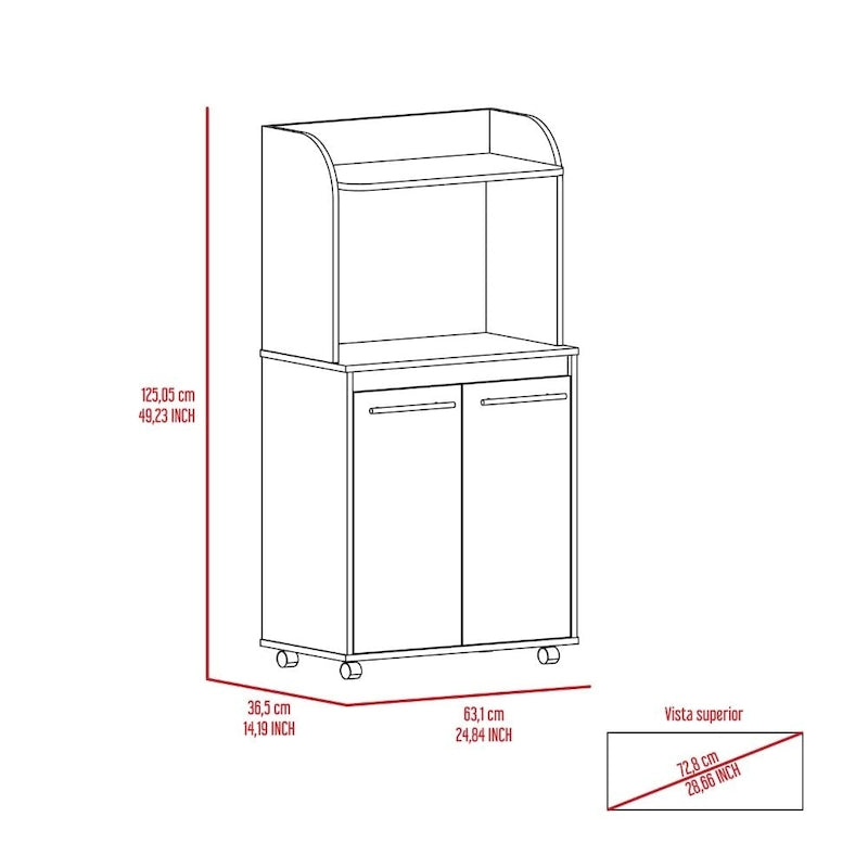 Carrito para microondas con ruedas y 2 niveles, estante abierto y gabinete de dos puertas