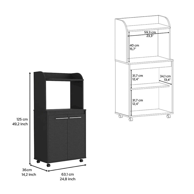 Carrito para microondas con ruedas y 2 niveles, estante abierto y gabinete de dos puertas