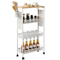Carrito de cocina de madera con ruedas, encimera de madera y cestas de malla