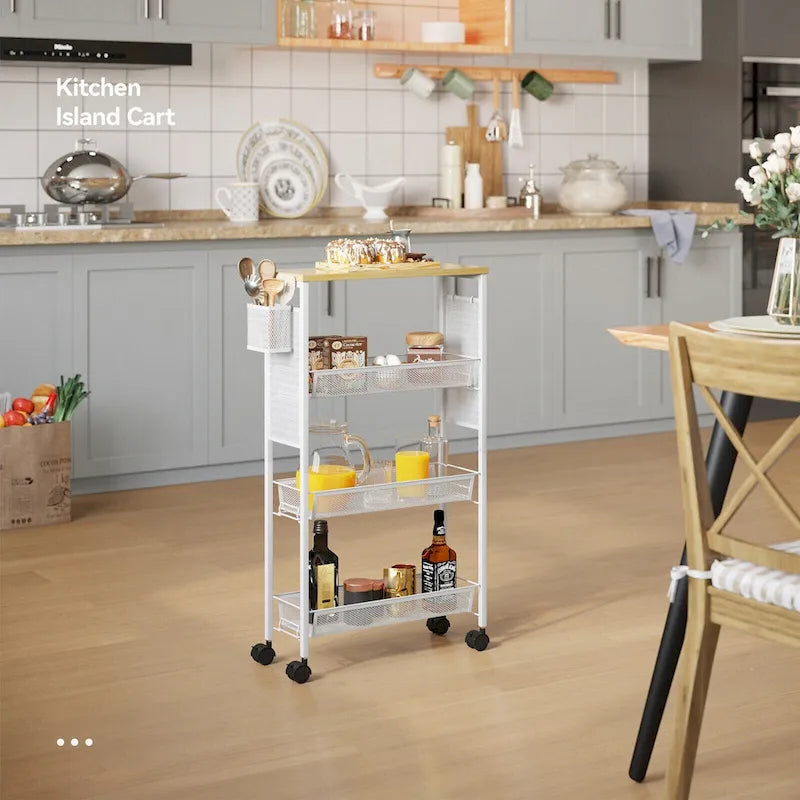 Carrito de cocina de madera con ruedas, encimera de madera y cestas de malla