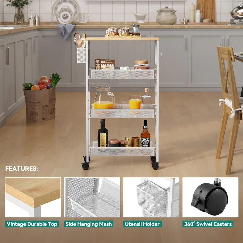 Carrito de cocina de madera con ruedas, encimera de madera y cestas de malla