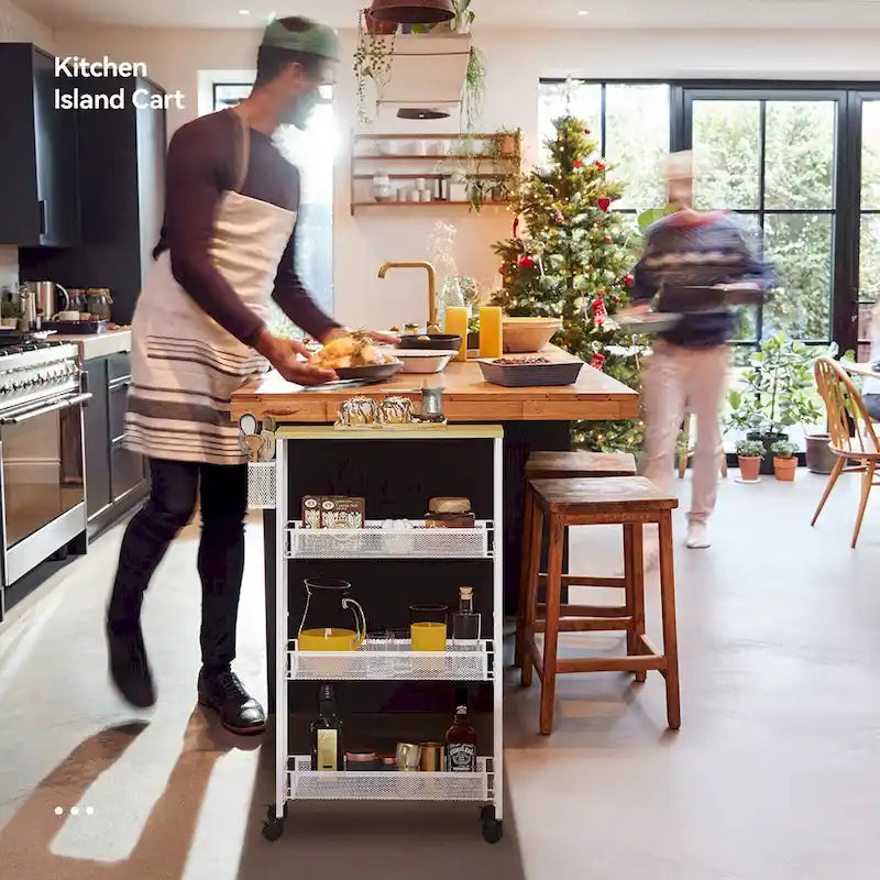 Carrito de cocina de madera con ruedas, encimera de madera y cestas de malla