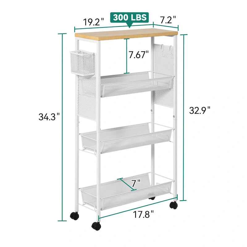 Carrito de cocina de madera con ruedas, encimera de madera y cestas de malla