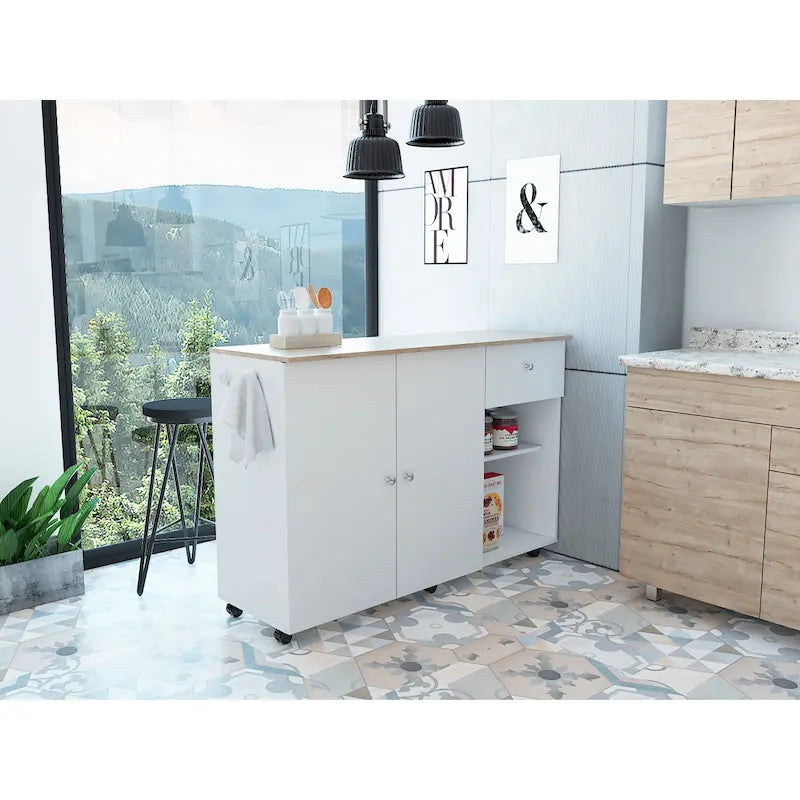Isla de cocina con 4 estantes interiores, cajón, armario de dos puertas y ruedas giratorias