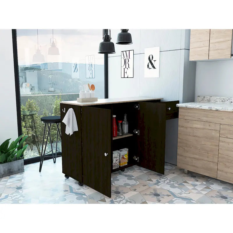 Kücheninsel mit 4 Innenablagen, Schublade, Schrank mit zwei Türen und Laufrollen