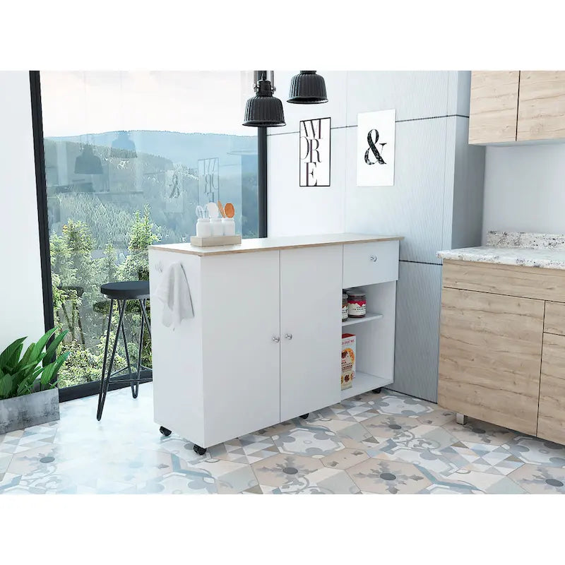 Isla de cocina con 4 estantes interiores, cajón, armario de dos puertas y ruedas giratorias