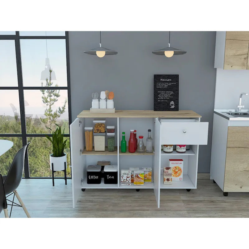 Kücheninsel mit 4 Innenablagen, Schublade, Schrank mit zwei Türen und Laufrollen