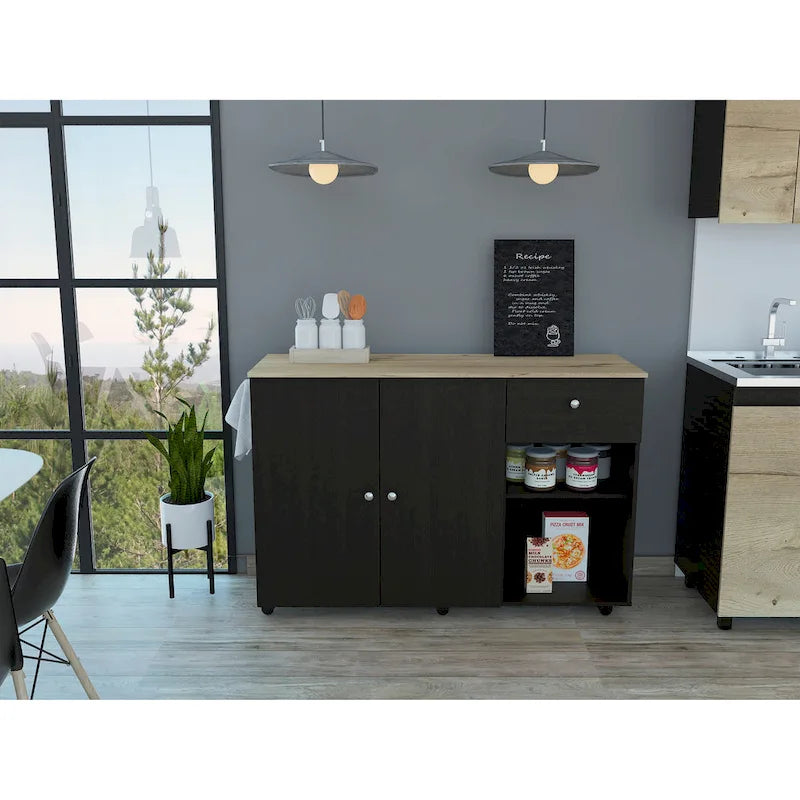 Kücheninsel mit 4 Innenablagen, Schublade, Schrank mit zwei Türen und Laufrollen