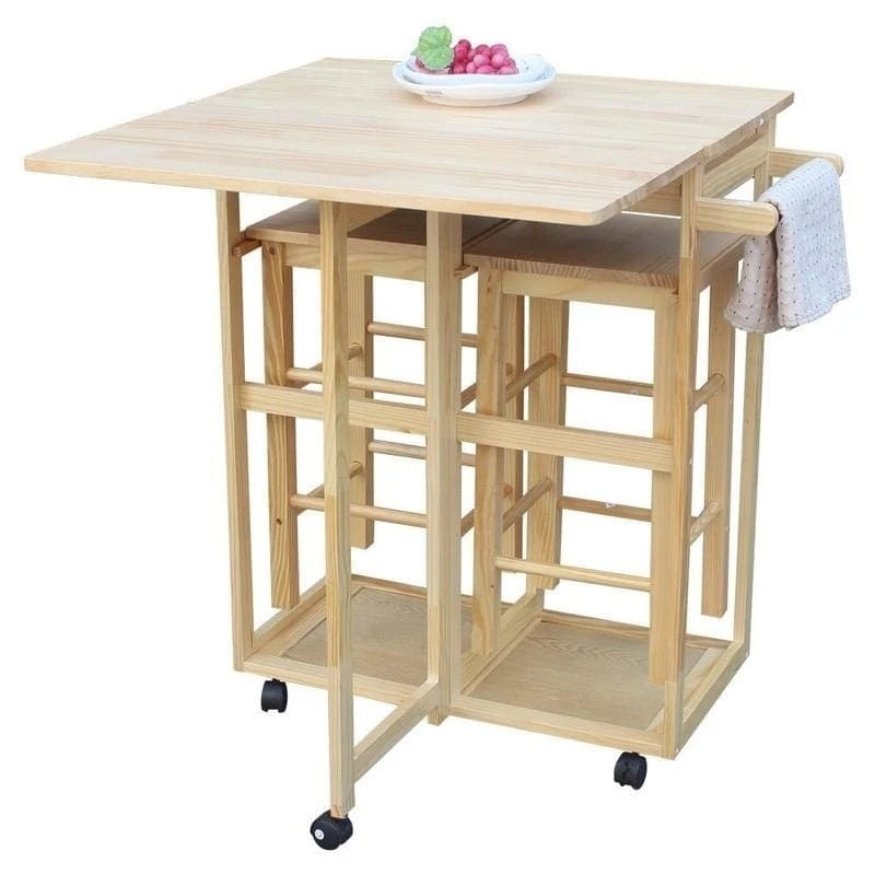 Square Solid Wood Folding Dining Cart with 2 Free Stools Natural