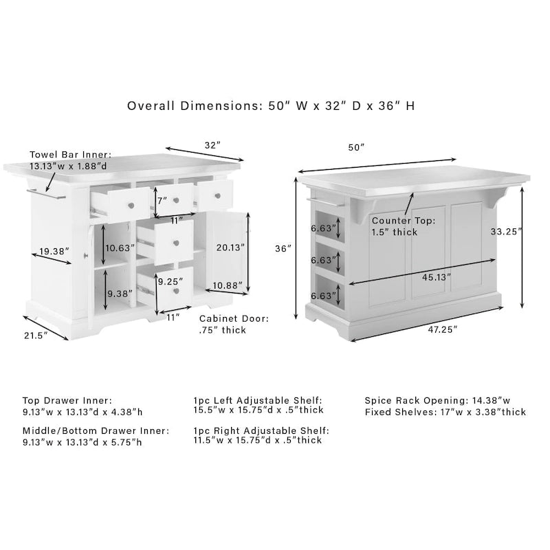 Îlot de cuisine avec tabourets carrés rembourrés - 53P x 50L x 36H pouces