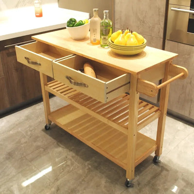 Mobile Kitchen Island Cart with Rubber Wood Top and Two Lockable Wheels