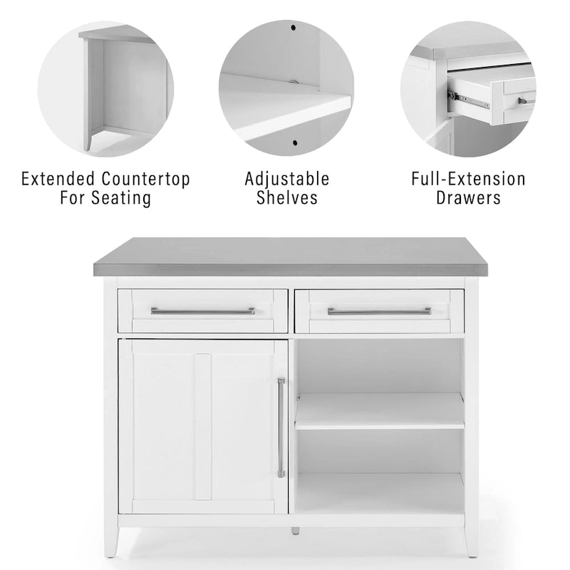Isla de cocina con encimera de acero inoxidable y taburetes con respaldo en X - 57D x 46W x 41H pulgadas