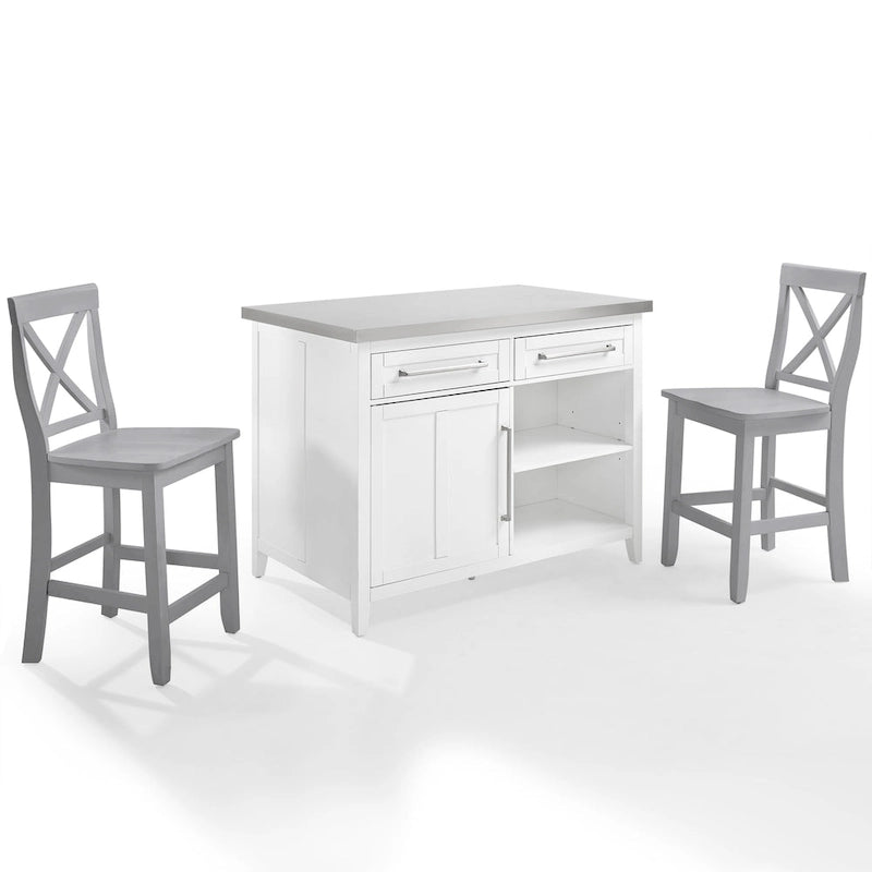 Isla de cocina con encimera de acero inoxidable y taburetes con respaldo en X - 57D x 46W x 41H pulgadas