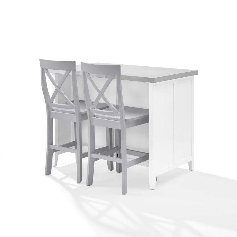 Isla de cocina con encimera de acero inoxidable y taburetes con respaldo en X - 57D x 46W x 41H pulgadas