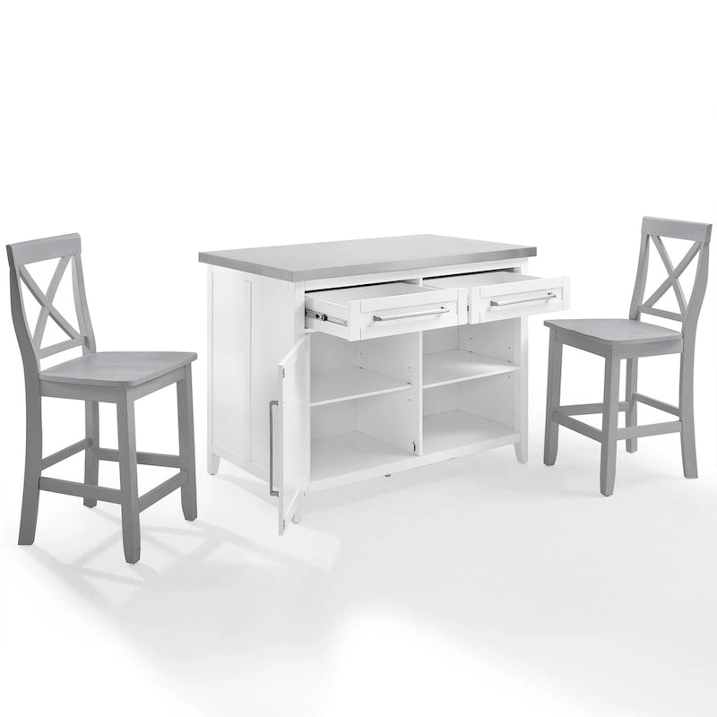 Isla de cocina con encimera de acero inoxidable y taburetes con respaldo en X - 57D x 46W x 41H pulgadas