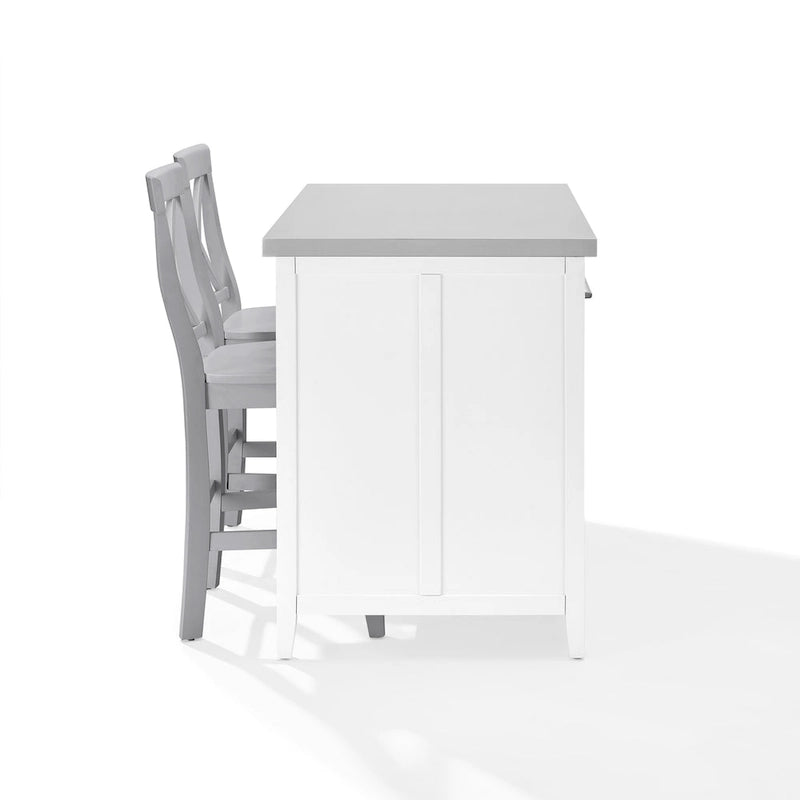Isla de cocina con encimera de acero inoxidable y taburetes con respaldo en X - 57D x 46W x 41H pulgadas