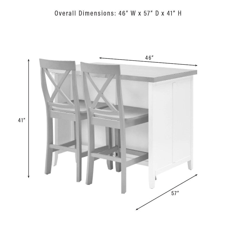 Isla de cocina con encimera de acero inoxidable y taburetes con respaldo en X - 57D x 46W x 41H pulgadas