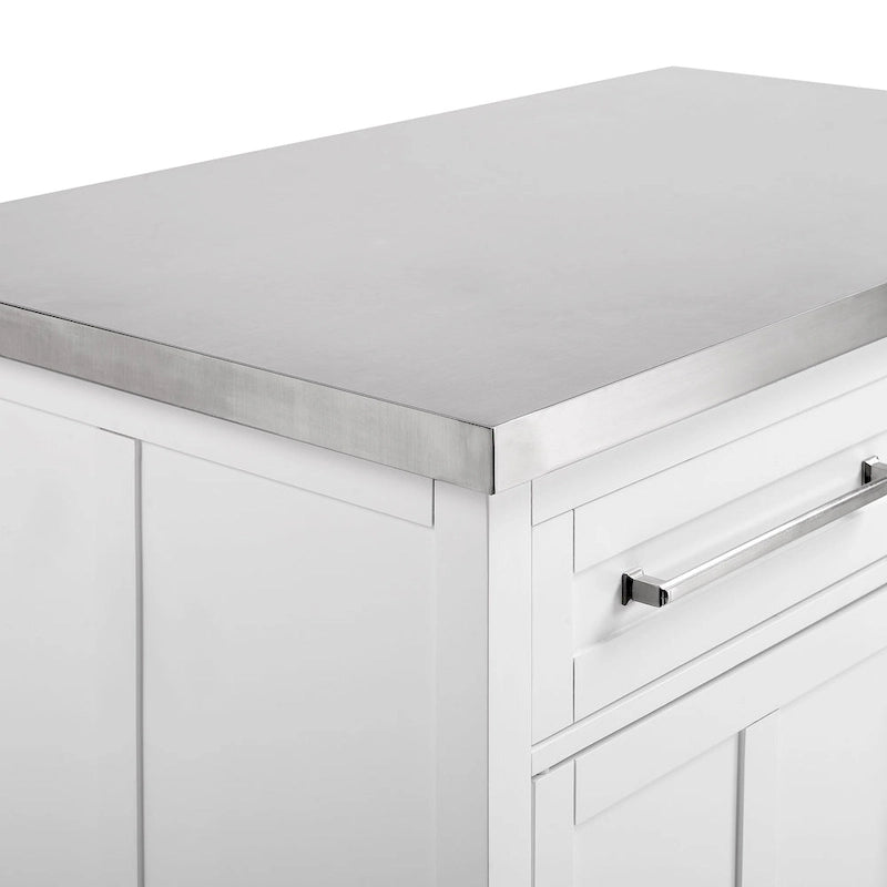 Isla de cocina con encimera de acero inoxidable y taburetes con respaldo en X - 57D x 46W x 41H pulgadas