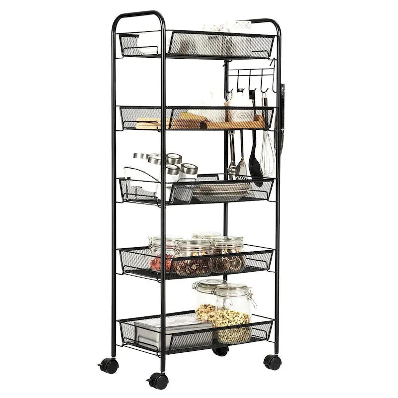 Carrito auxiliar portadocumentos de malla con ruedas y 5 niveles, 17L x 10W x 41H pulgadas