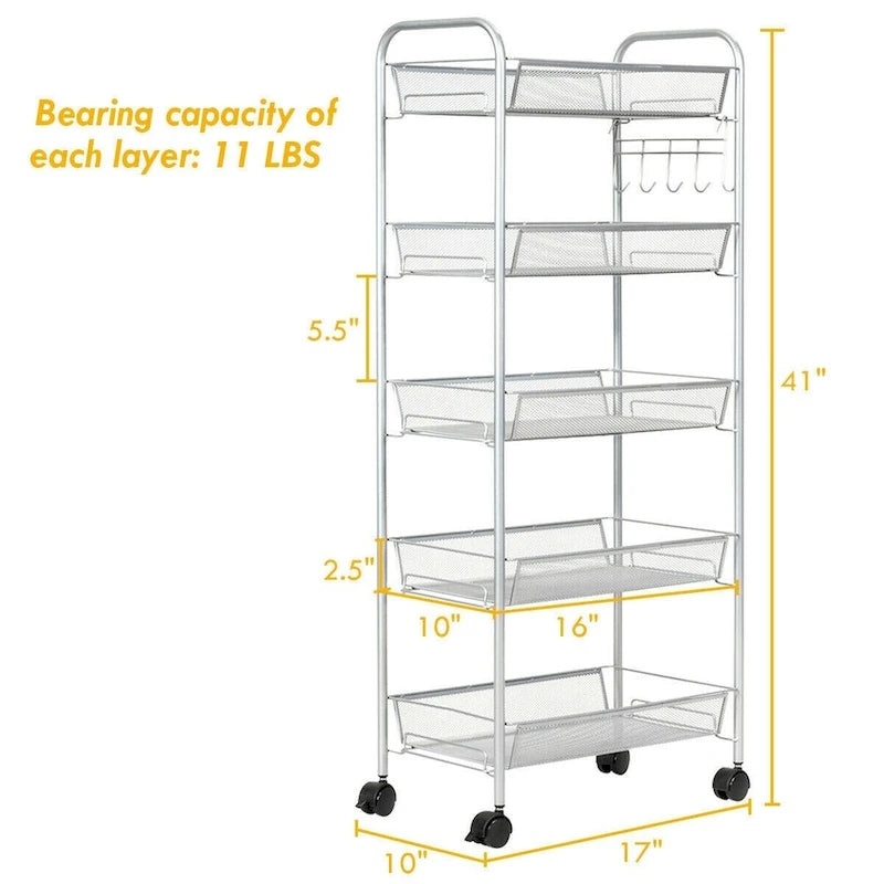 Carrello multiuso portadocumenti a rete a 5 livelli con ruote, 17L x 10W x 41H pollici