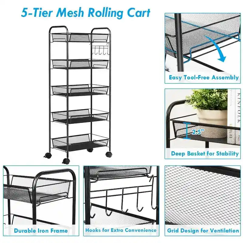 Carrello multiuso portadocumenti a rete a 5 livelli con ruote, 17L x 10W x 41H pollici