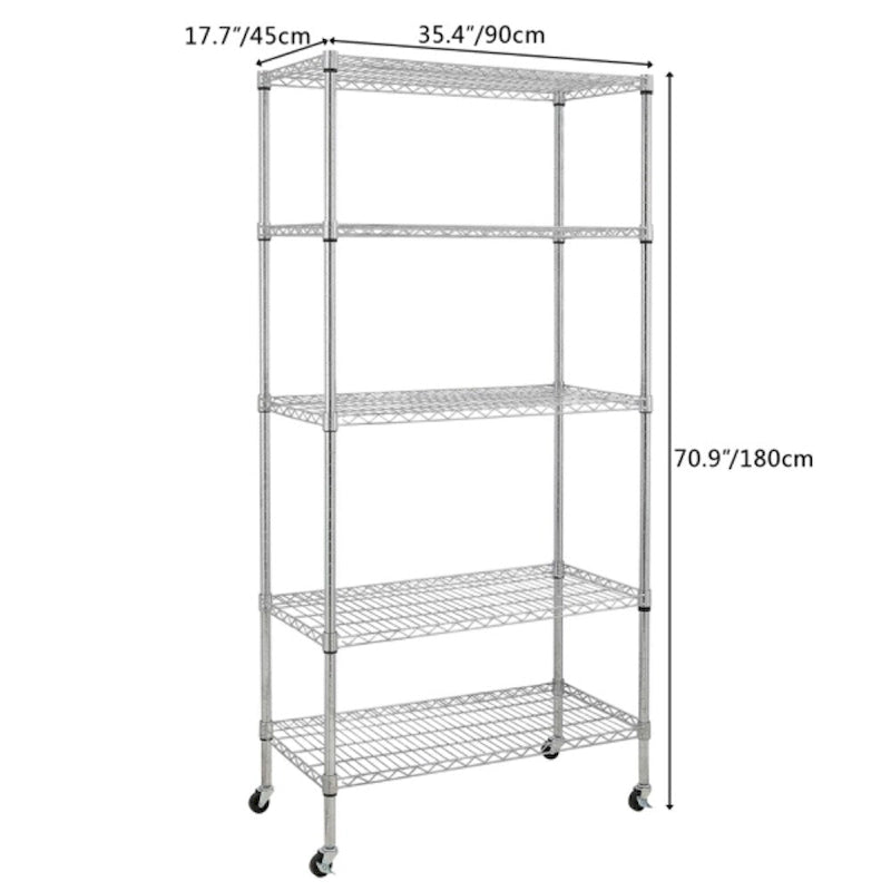 5-stufiges NSF-zertifiziertes Drahtregal aus Stahl mit Rollen, schwarz - 35.43 x 17.72 x 70.87 Zoll