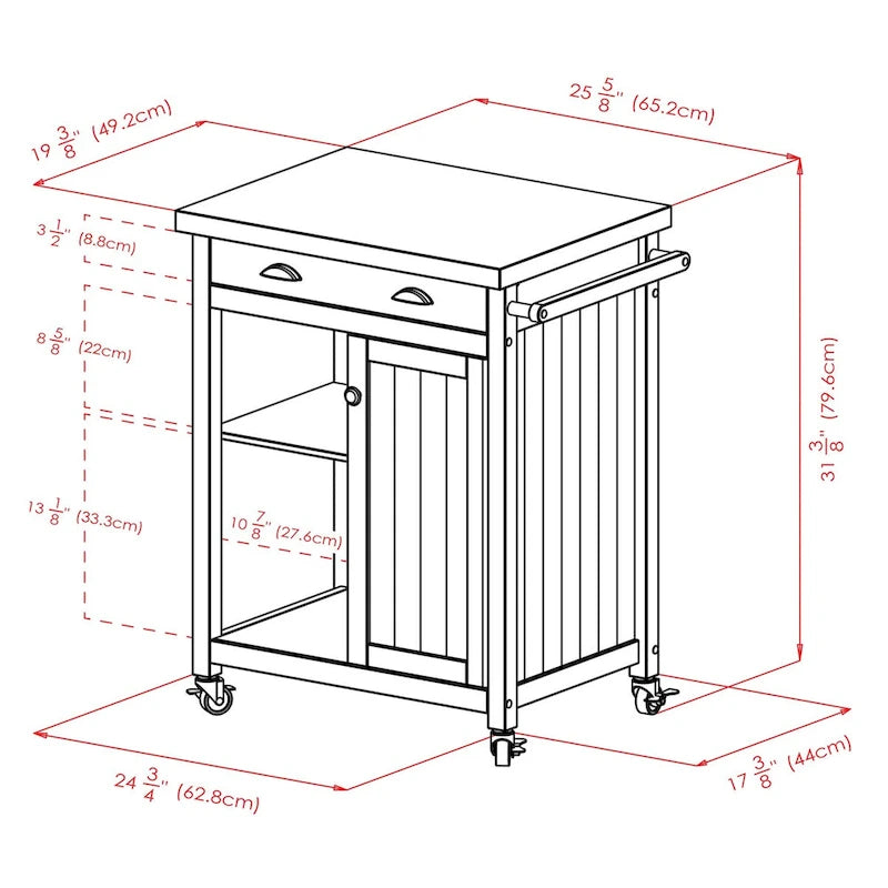 Carrito de cocina negro con cajón y armario - 27.76 x 19.37 x 34.02 pulgadas