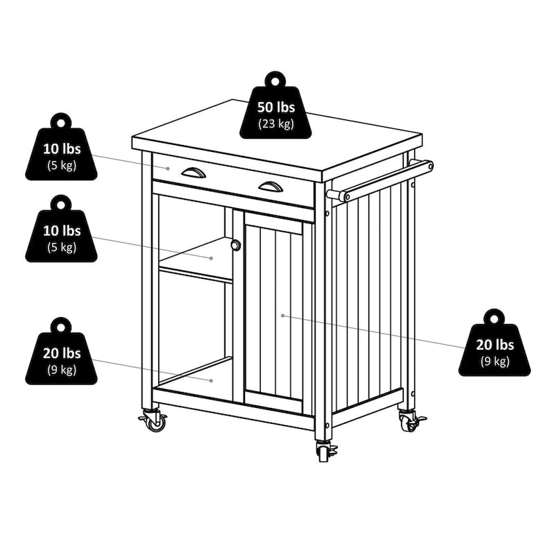Carrito de cocina negro con cajón y armario - 27.76 x 19.37 x 34.02 pulgadas
