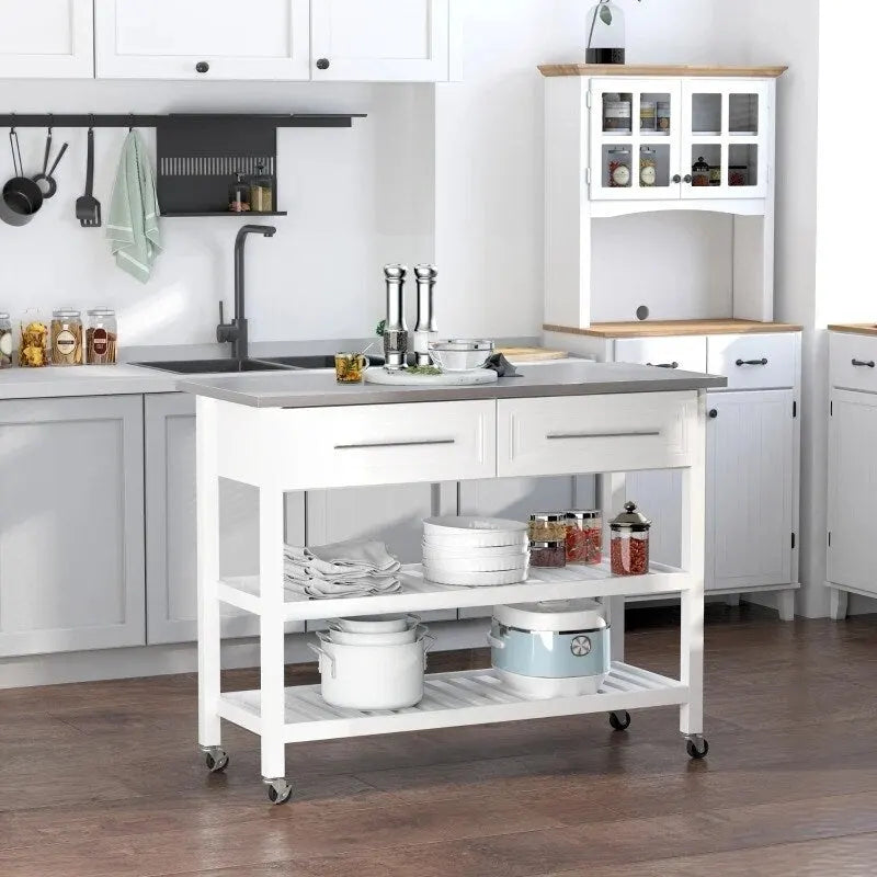 Wit kookeiland op wielen met 2 laden en roestvrijstalen blad - 47.25L x 19.75W x 36H inch
